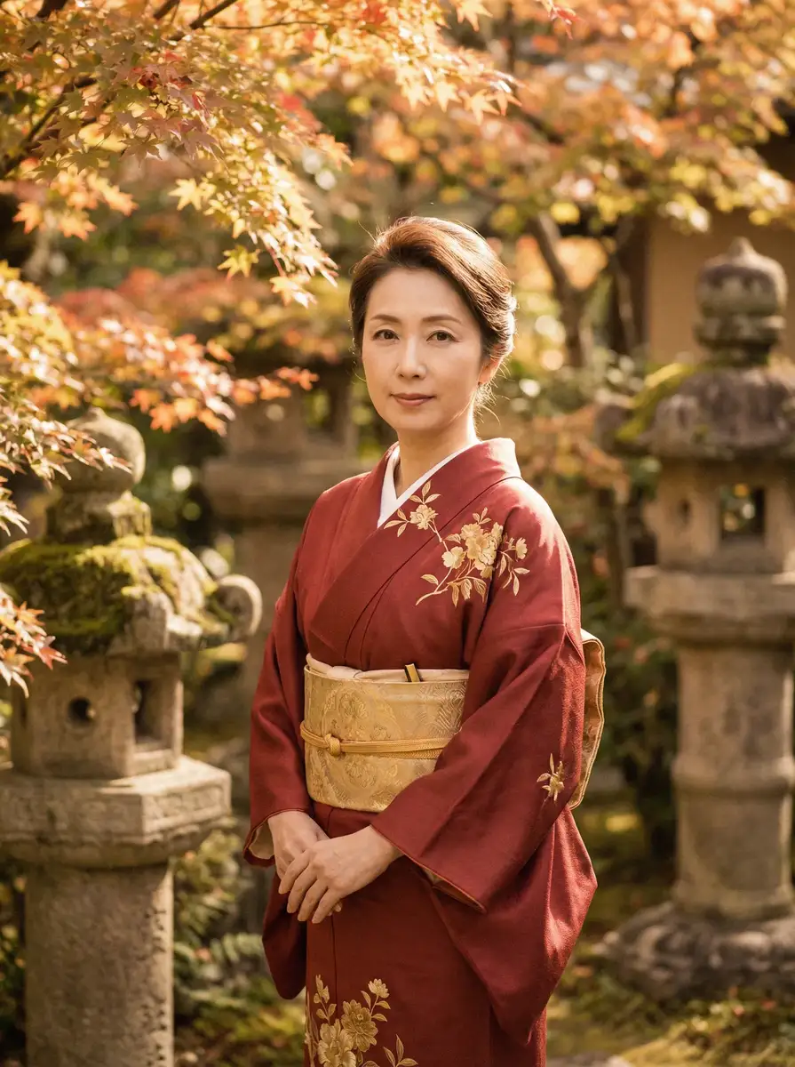 一位身穿暗红色和服的优雅 b体育平台平台 在日式庭院中