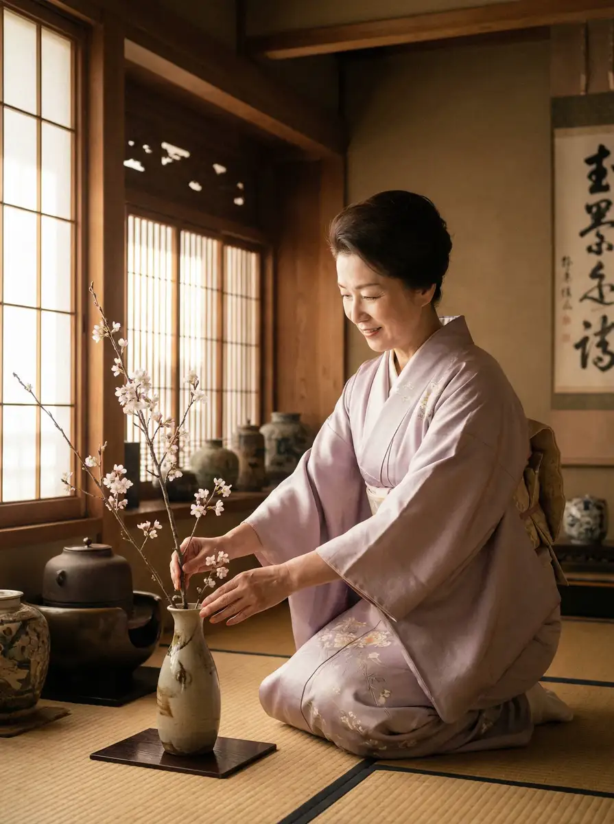 一位优雅的 b体育平台平台 在和室中插花